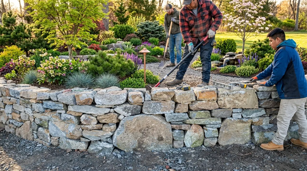 Masonry contractor building a retaining wall in Connecticut